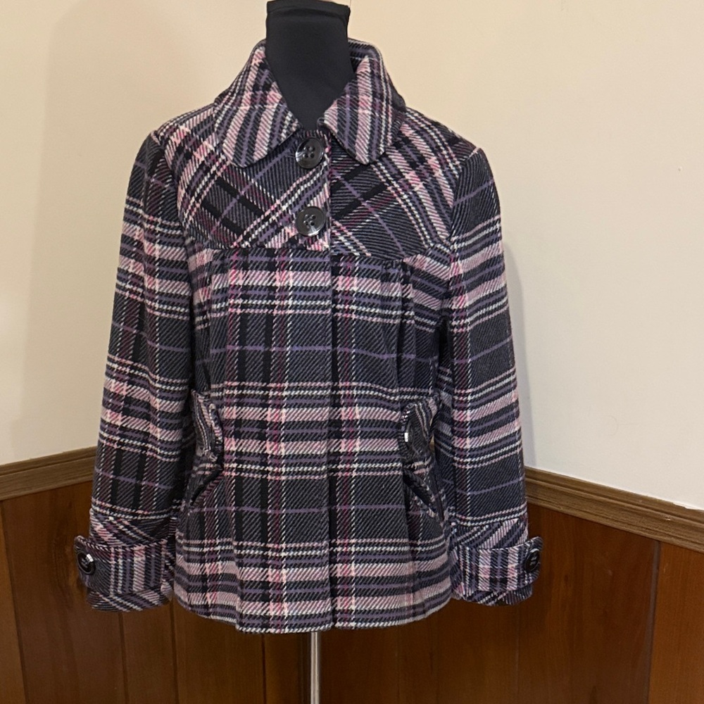 Via Pink & Gray Plaid Peacoat – Women’s Small – EUC